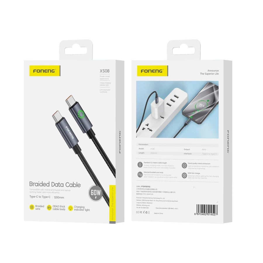 FONENG laidas XS08 USB-C - USB-C PD 60W 1.2m juodas