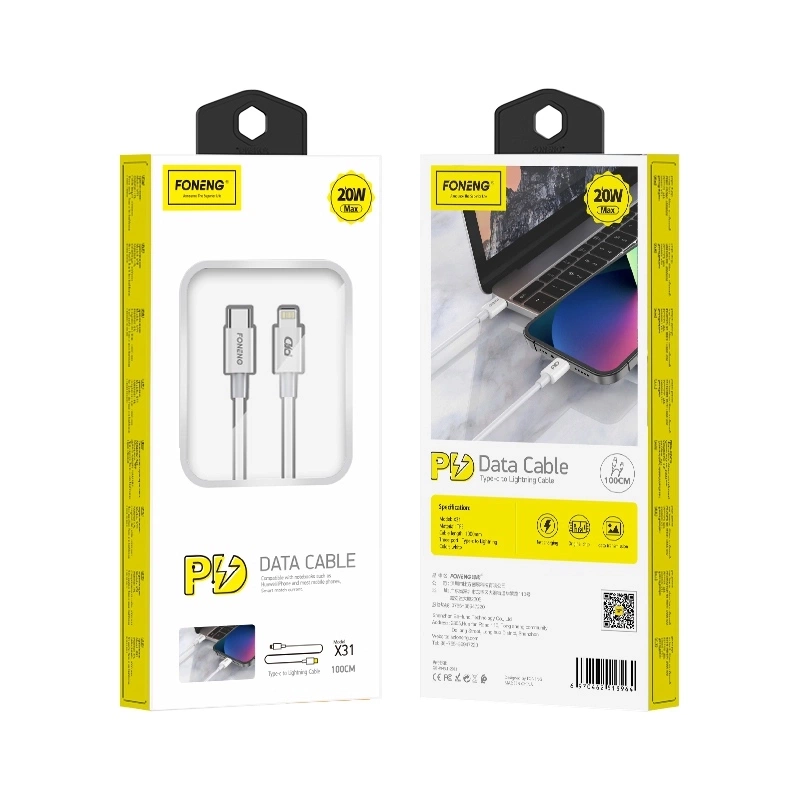 FONENG laidas X31 USB-C - Lightning PD 27W 1M baltas