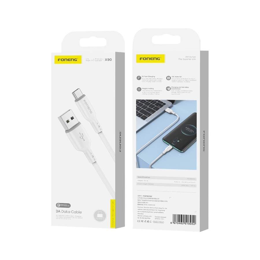 FONENG laidas X90 USB-C 3A 1M baltas
