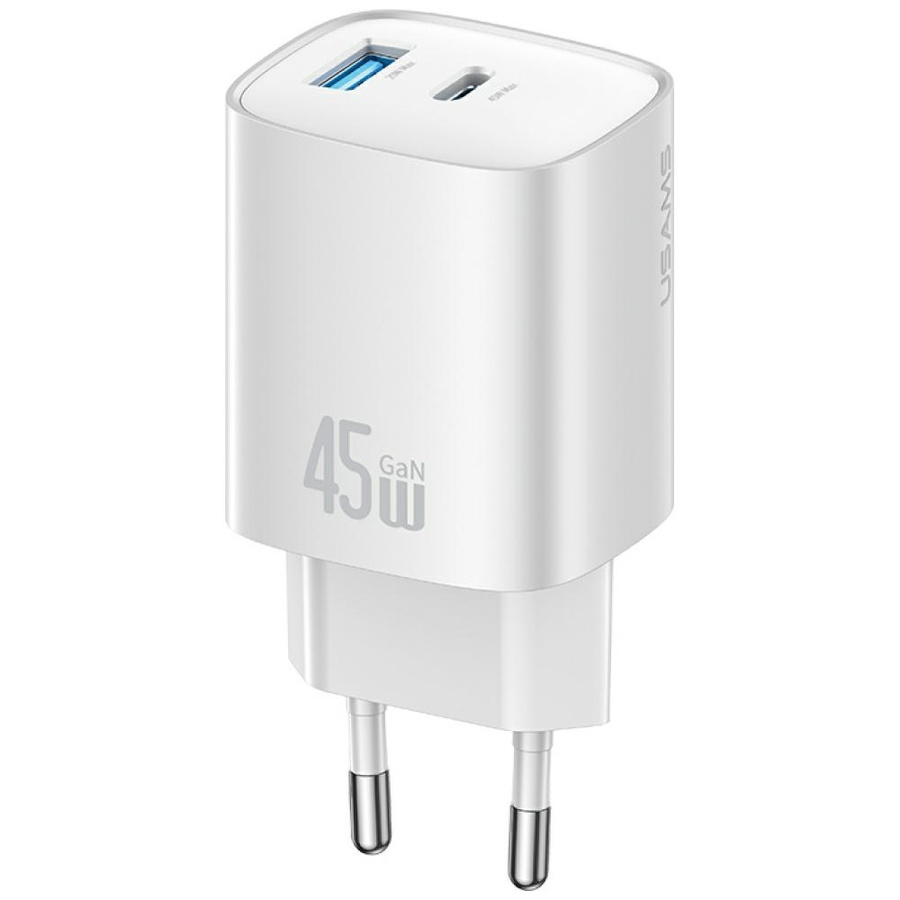 Tinklo įkroviklis USAMS CC290 T66 45W GaN 1xUSB-A 1xUSB-C sidabrinis