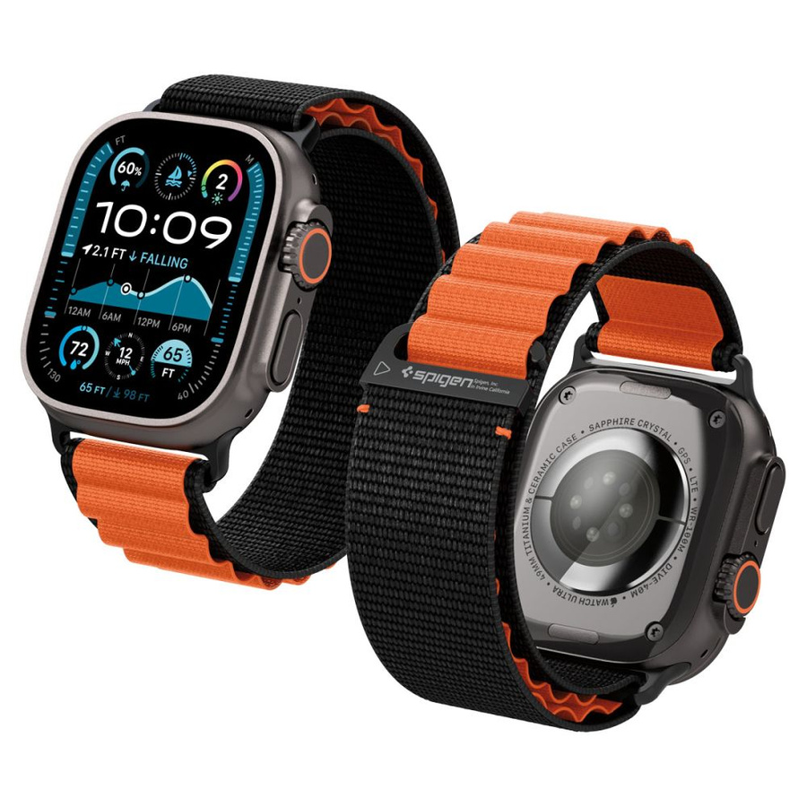 SPIGEN WBF1 dirželis APPLE WATCH 6 / 7 / 8 / 9 / 10 / SE / ULTRA 1 / 2 (44 / 45 / 46 / 49 MM) juodas/oranžinis