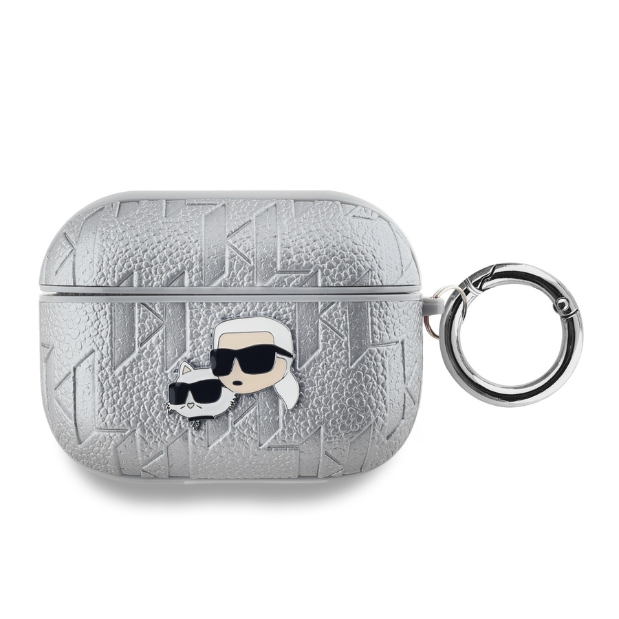 Karl Lagerfeld PU Embossed Karl and Choupette Heads dėklas AirPods Pro sidabrinis