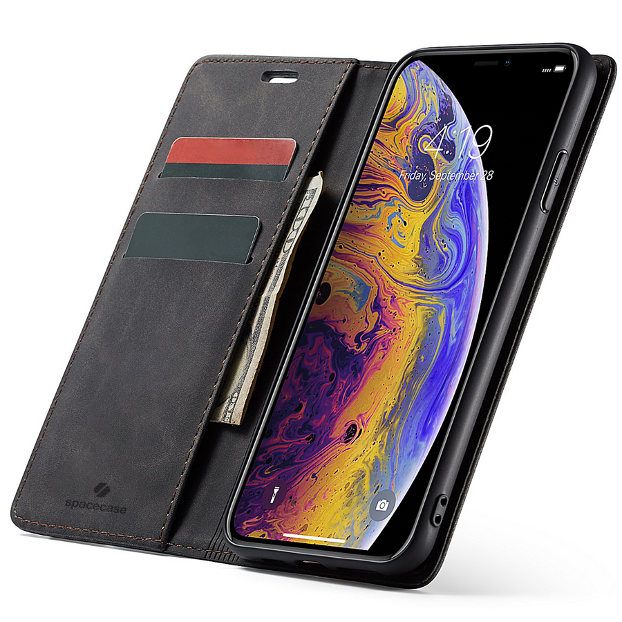 Spacecase piniginės dėklas iPhone X/Xs juodas