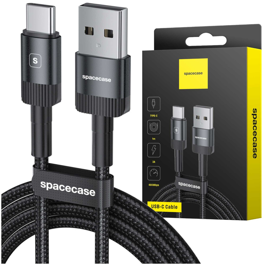 Spacecase USB-C laidas 1M 3A juodas