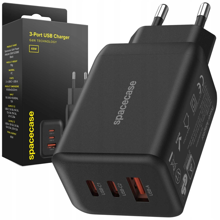 Spacecase USB įkroviklis Charger 65W GaN SC008B juodas