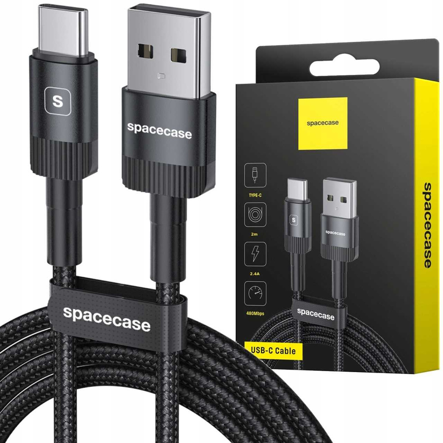 Spacecase Laidas USB-C Cable 2M 2.4A juodas