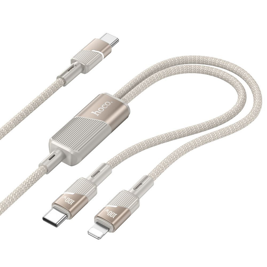 Laidas 2in1 USB C į USB C + Lightning Hoco 5A 100W 1,2 m U139 auksinis
