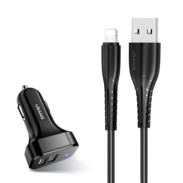 USAMS automobilio įkroviklis 2xUSB C13 2,1A Lightning juodas NTU35LC13TZ