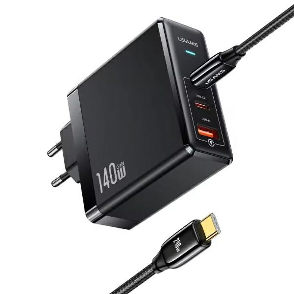 USAMS Tinklo įkroviklis 2xUSB-C+1xUSB T52PD140W PD Fast Charging US-CC168 + laidas U82 USB-C/USB-C US-SJ581 240W juodas/black UM Series UMXLOGTC01