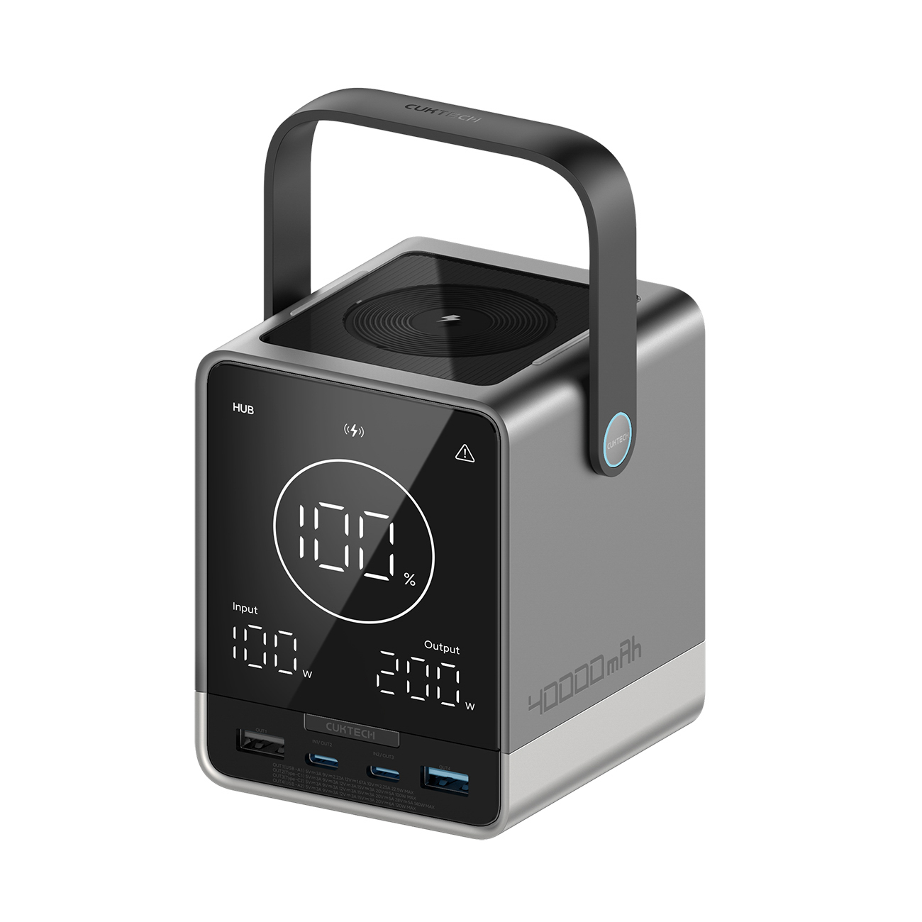 "Cuktech Powerbank" 300W 40000mAh su belaidžiu įkrovimu 2x USB-C + 2x USB-A - juoda