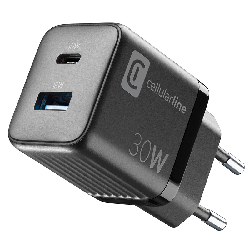Cellularline Multipower Micro GaN - USB-C & USB-A Power Delivery 30W mains įkroviklis (juodas)