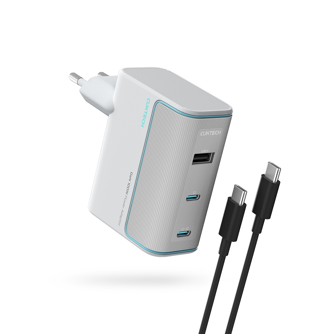 "Cuktech" AD1003EU 100W GaN 2x USB-C + USB-A sieninis įkroviklis su kabeliu - baltas