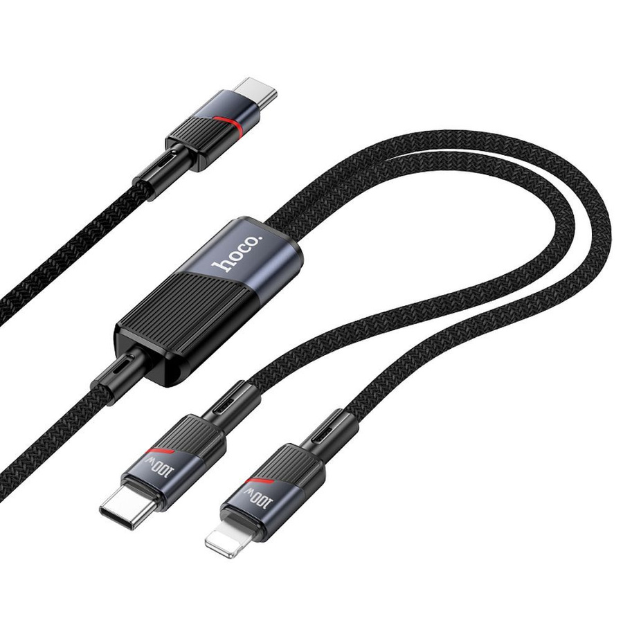 Laidas 2in1 USB C į USB C + Lightning Hoco 5A 100W 1,2 m U139 juodas