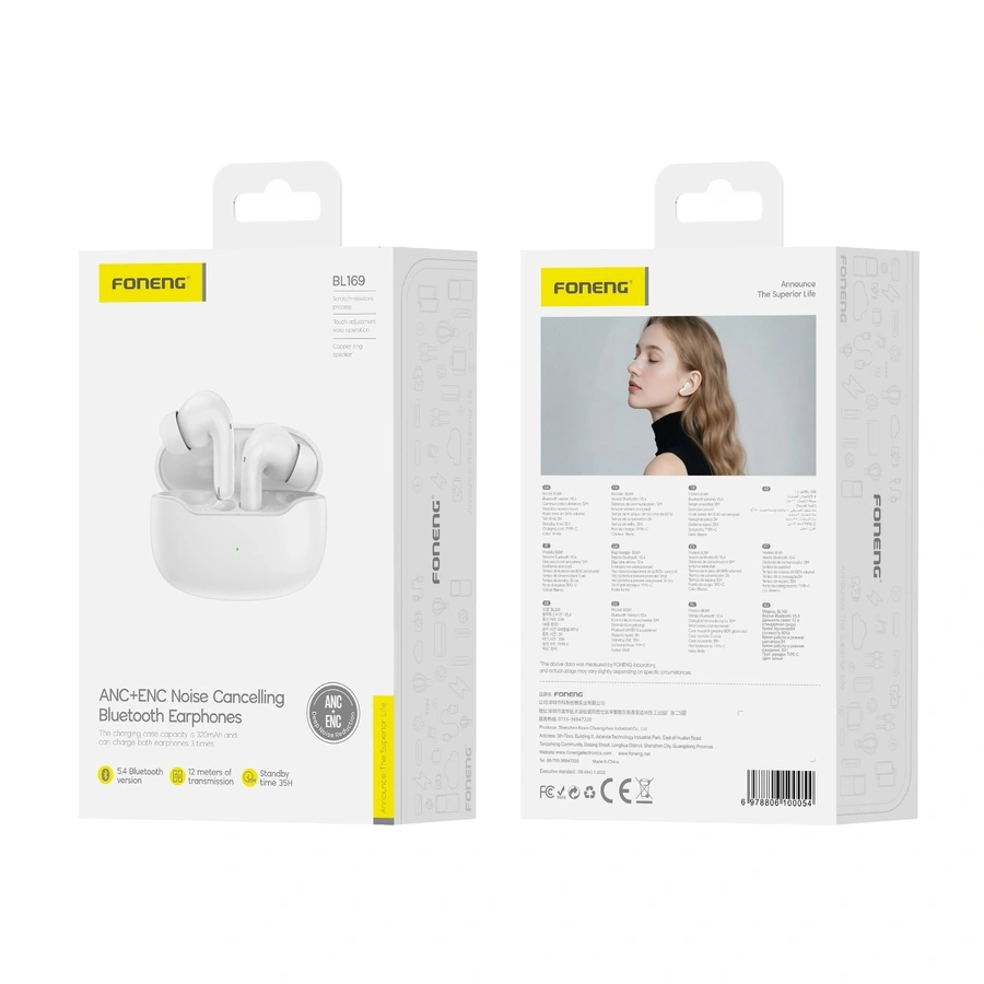 FONENG belaidės ausinės (ANC+ENC) BL169 baltas