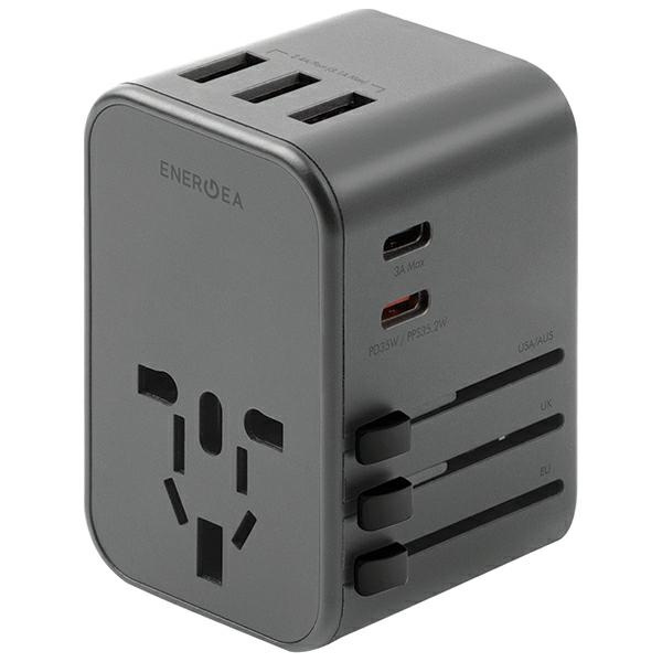 ENERGEA tinklo įkroviklis 3xUSB+2xUSB-CPD-PPS-QC 3.0 35.5W 3A2C adapter 4w1 US/UA/EU/UK pilkas/gunmetal Travelworld