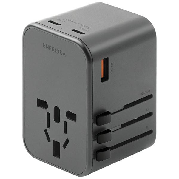 ENERGEA tinklo įkroviklis 1xUSB+2xUSB-CPD-PPS-QC 3.0 65W 1A2C adapter 4w1 US/UA/EU/UK pilkas/gunmetal Travelworld Adapter GaN65W