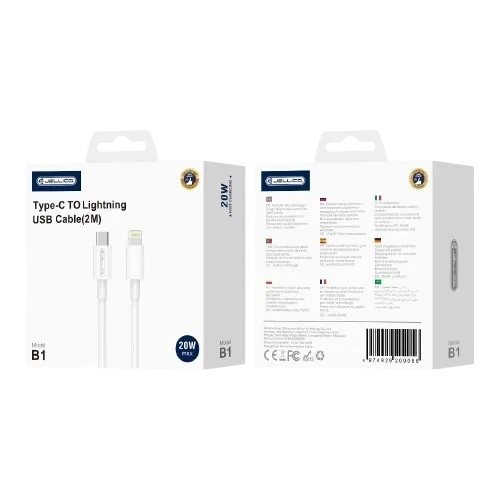 JELLICO laidas B1 USB-C - Lightning PD 20W 2M baltas