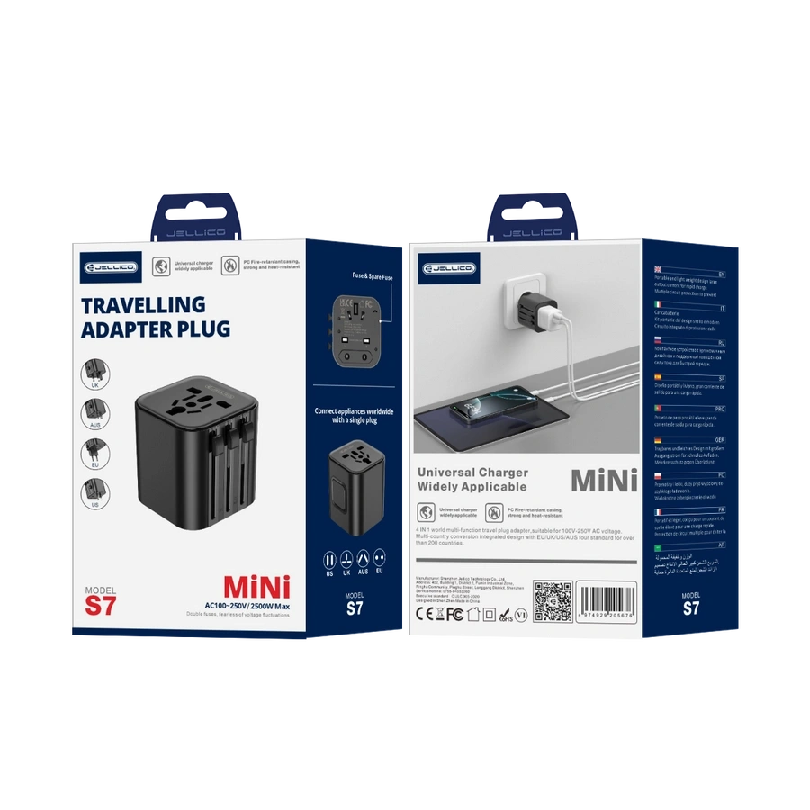 JELLICO universalus kelioninis adapteris S7 Max 2500W juodas