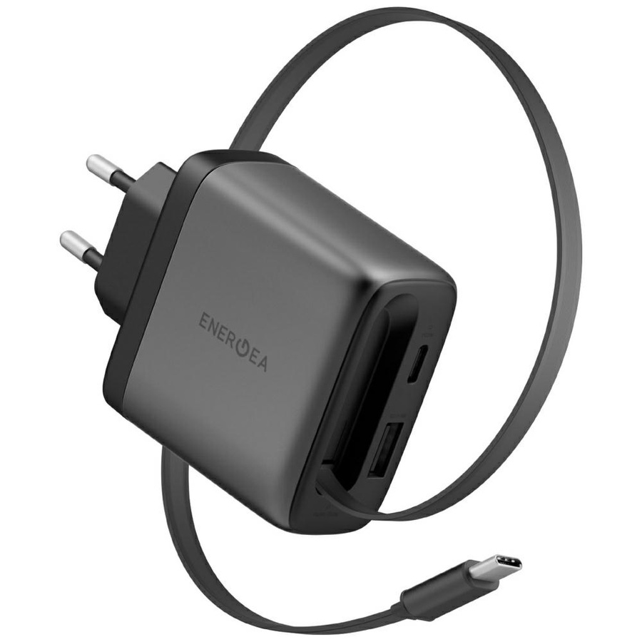 Tinklo įkroviklis Energea Ampcharge Arc 65 USB-A/USB-C + susisukantis laidas USB-C PD/PPS/QC3.0 GaN gunmetal
