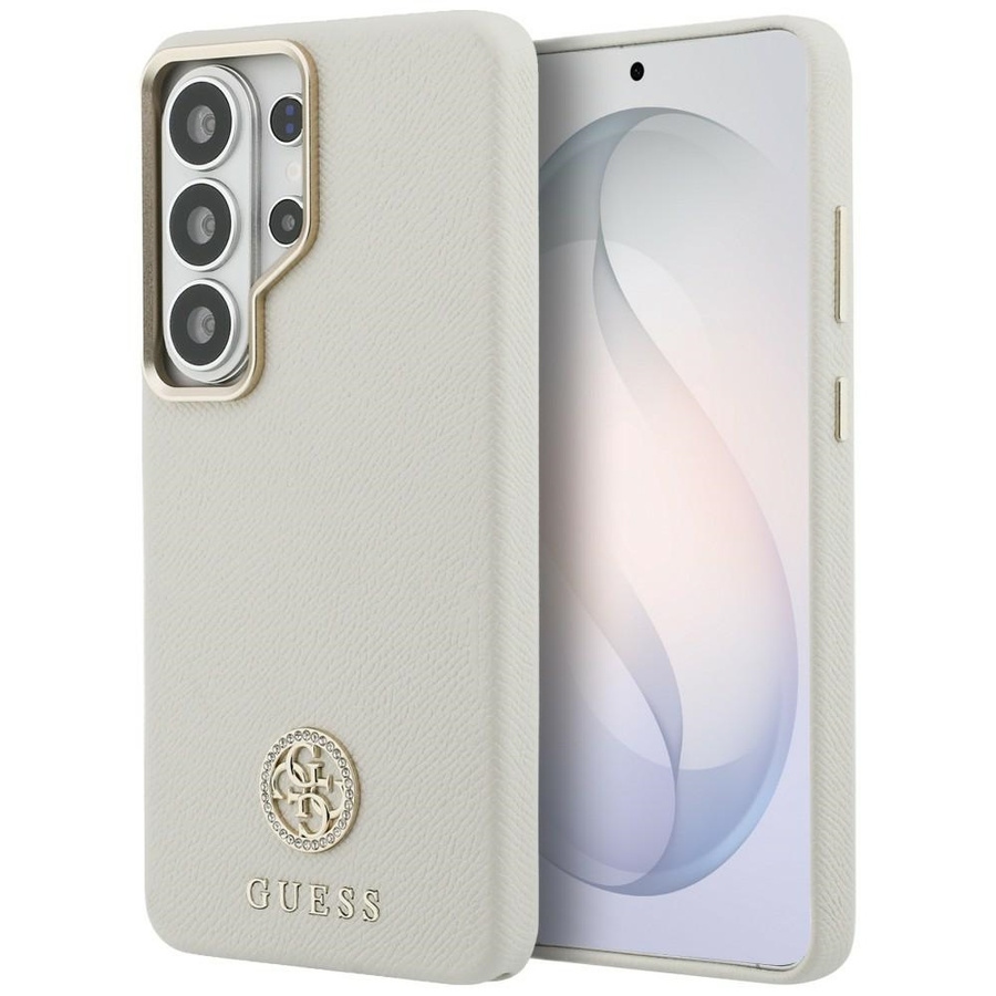 Guess dėklas Rhinestone Round Logo MagSafe skirtas Samsung Galaxy S26 Ultra smėlio spalvos