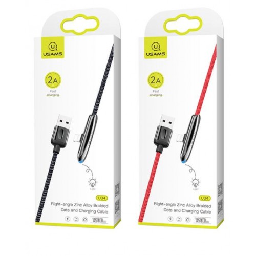 USB kabelis USAMS "SJ362 - U34" raudonas "Lightning" 120cm (90' kampas / su LED indikatoriumi)