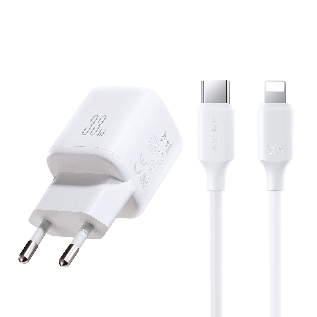 Joyroom JR-TG7 33W USB-A + USB-C sieninis įkroviklis su 30W USB-C - Lightning 1m laidu - baltas