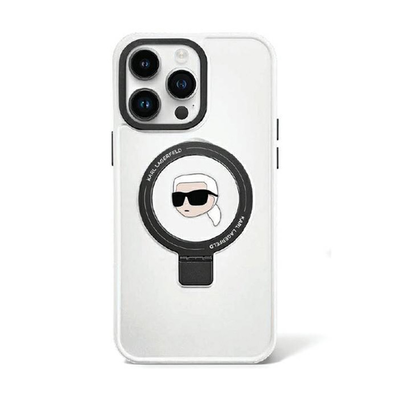 Karl Lagerfeld KLHMP15LHMRSKHH iPhone 15 Pro 6.1" baltas/baltas kietas dėklas su žiediniu stovu Karl Head Magnetinis