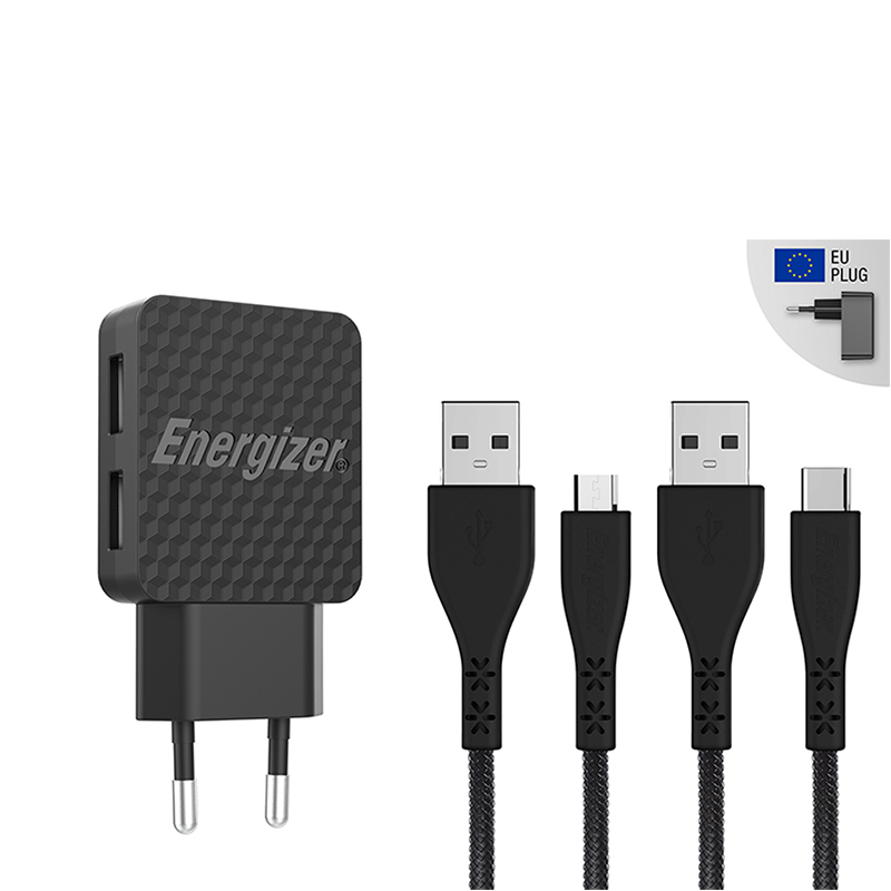 Energizer HardCase - 2x USB-A 12W mains įkroviklis + USB-C & Micro USB laidas (juodas)
