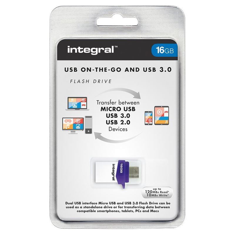 USB-накопитель Integral Micro Fusion USB 3.0 OTG с разъёмами USB-A и Micro-USB, 16 GB, белый