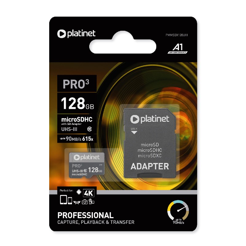 Atminties korta Platinet MicroSD 128GB (class10 UHS-III 90MB/S) + SD Adapteris