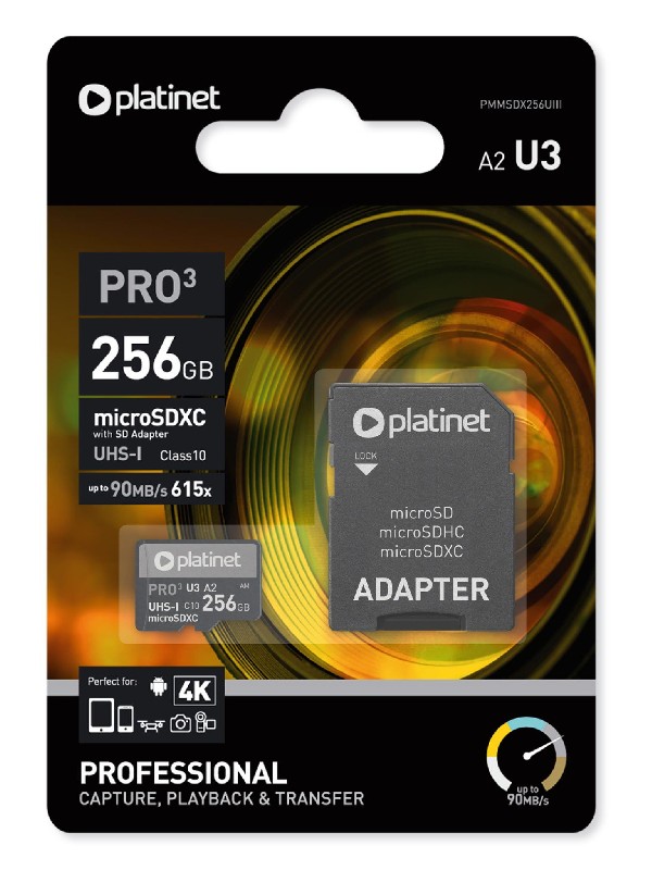 Atminties korta Platinet MicroSD 256GB (class10 UHS-III 90MB/S) + SD Adapteris