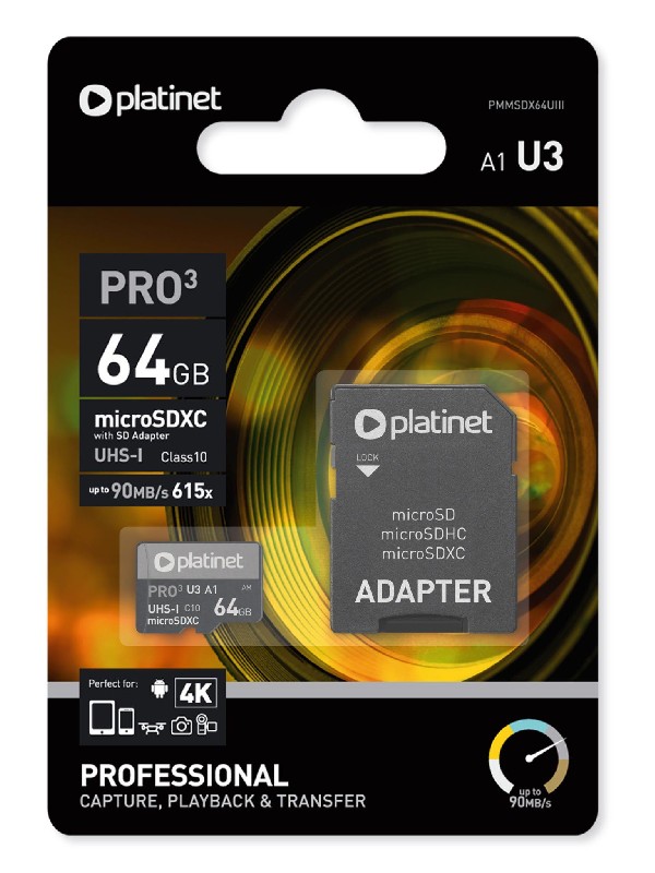 Atminties kortelė Platinet MicroSD 64GB (class10 UHS-III 90MB/S) + SD adapteris