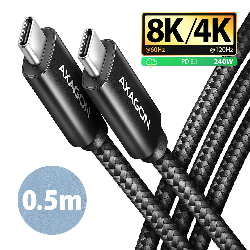 Axagon USB-C į USB-C laidas 0.5m 240W 8K juodas BUCM4X-CM05AB