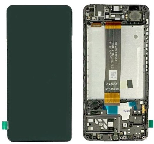 Ekranas Samsung A047 A04S 2022 su lietimui jautriu stikliuku Black ir rėmeliu originalus (service pack)