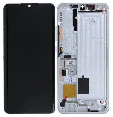 Ekranas Xiaomi Mi Note 10/Mi Note 10 Pro su lietimui jautriu stikliuku ir rėmeliu Glacier White originalus (service pack)