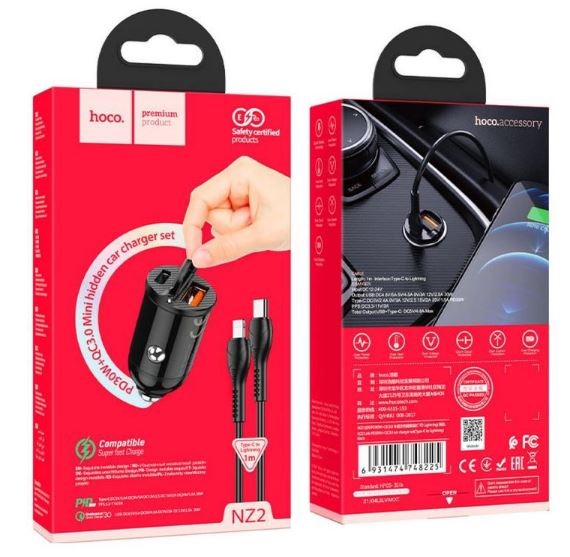 Įkroviklis automobilinis Hoco NZ2 (1xUSB;1xUSB-C; 30W) + laidas "USB-C(Type-C) to Lightning" juodas