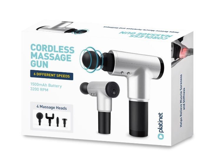 Platinet masažinis pistoletas (20 W; 1500 mAh; 3200 aps./min.; 4 masažiniai antgaliai)