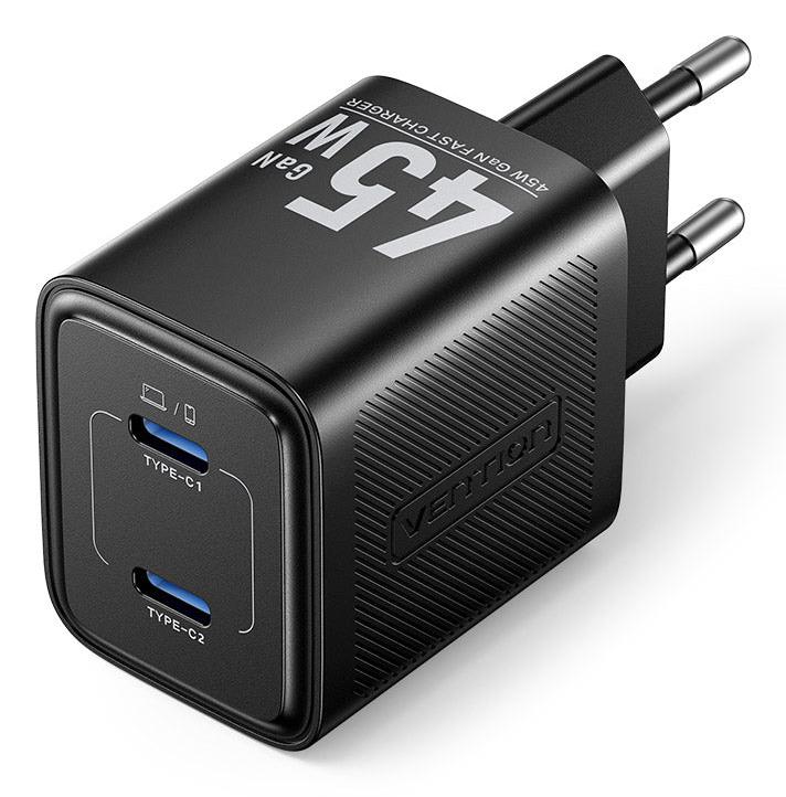Vention 45W PD - GaN technologijos įkroviklis, 2x USB-C (juodas)
