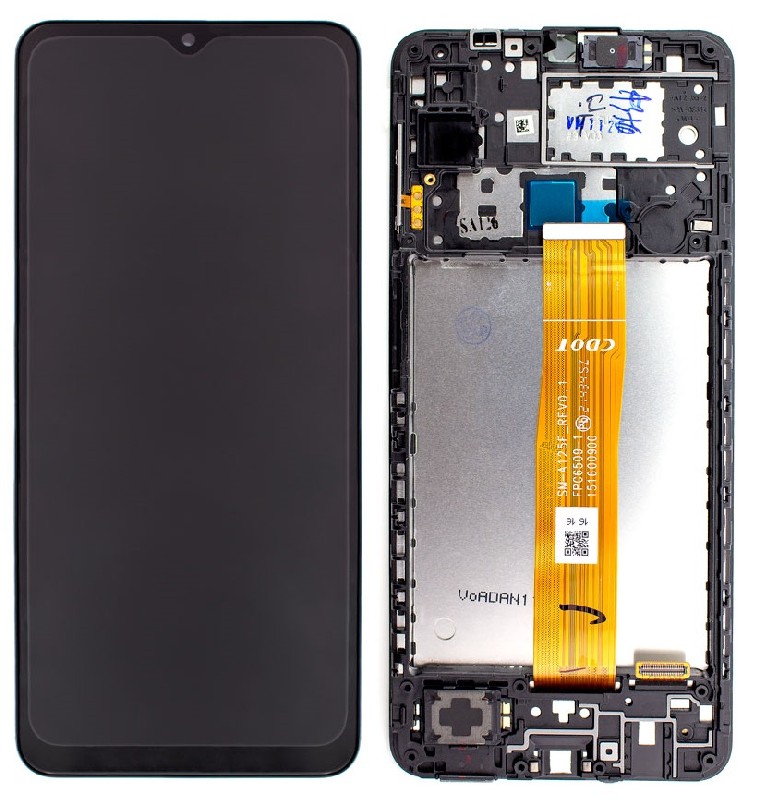 Ekranas Samsung A125 A12 2020 su lietimui jautriu stikliuku ir rėmeliu Black originalus