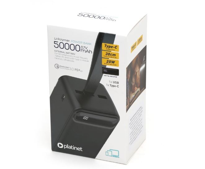 Išorinė baterija POWER BANK Platinet 50000mAh (1xUSB; 1xType-C; QC3.0 20W) juoda