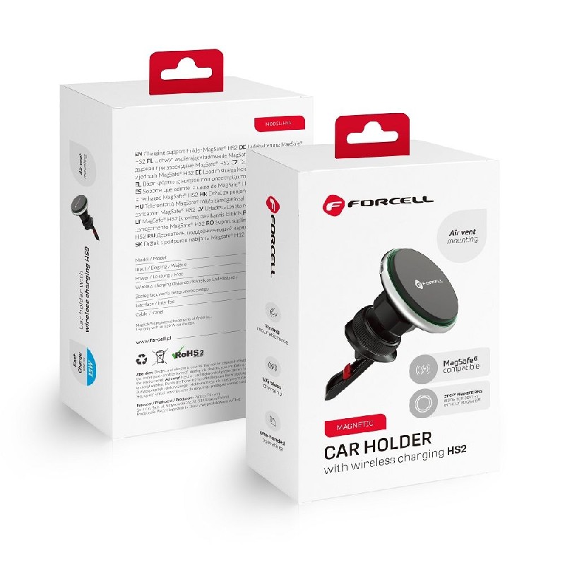 Belaidis automobilinis įkroviklis-laikiklis Forcell (HS2) (MagSafe 15W) tvirtinamas ant ventiliacijos grotelių juodas