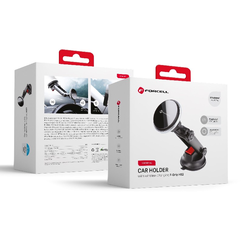 Belaidis automobilinis įkroviklis-laikiklis Forcell (HS2) (MagSafe 15W) tvirtinamas ant konsolės/lango juodas