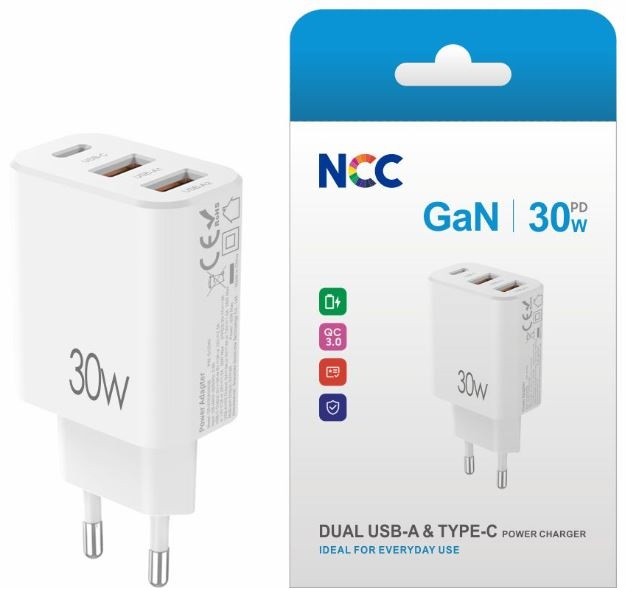 Įkroviklis NCC (1xUSB-C; 2xUSB 30W) baltas