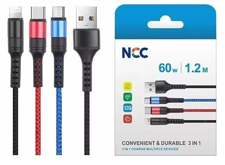 USB kabelis NCC "lightning+micro+USB-C" (60W) 1m juodas