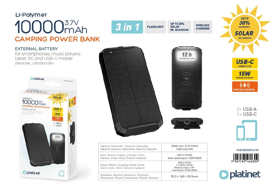 Išorinė baterija POWER BANK Platinet SOLAR 10000mAh (2xUSB; 1xUSB-C; 3A) juoda