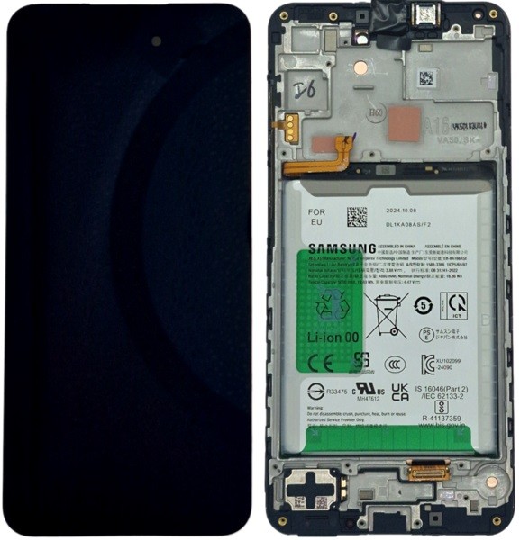 Ekranas Samsung A166 A16 5G su lietimui jautriu stikliuku ir rėmeliu ir baterija Black originalus (service pack)