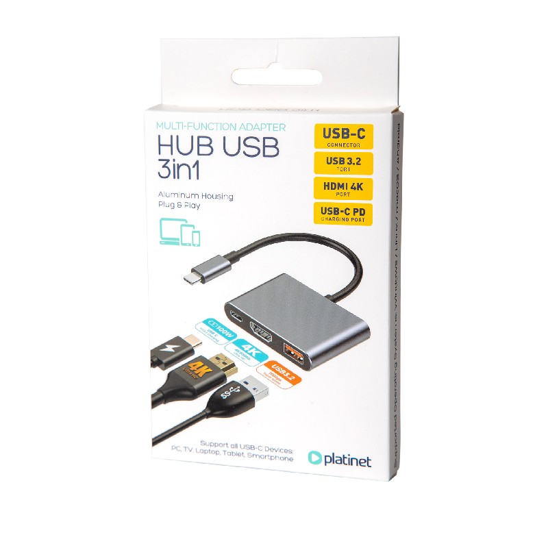 USB-C šakotuvas Platinet 3in1 (PMH9991T) (1xHDMI 4K; 1xUSB-C; 1xUSB 3.2)