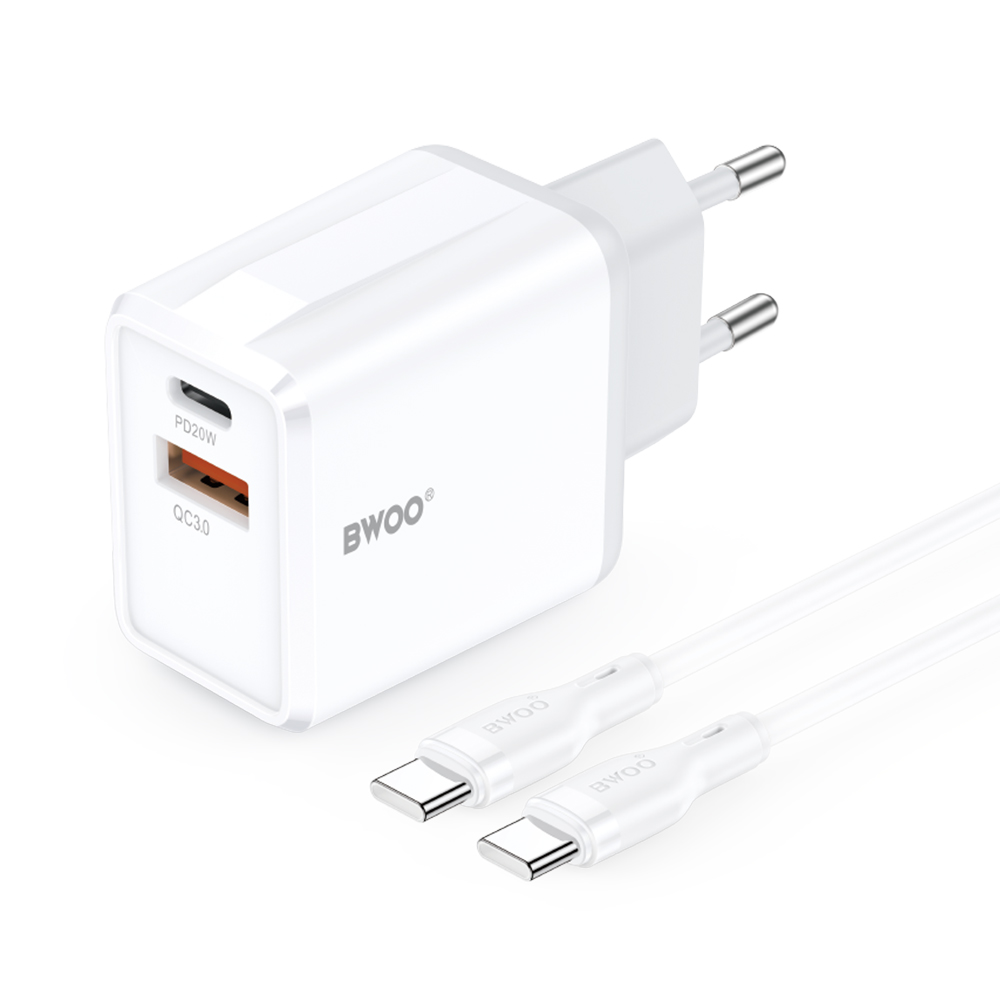 BWOO sieninis įkroviklis CDA182 QC 38W 1x USB-A + 1x USB-C su USB-C kabeliu 1 m juodas