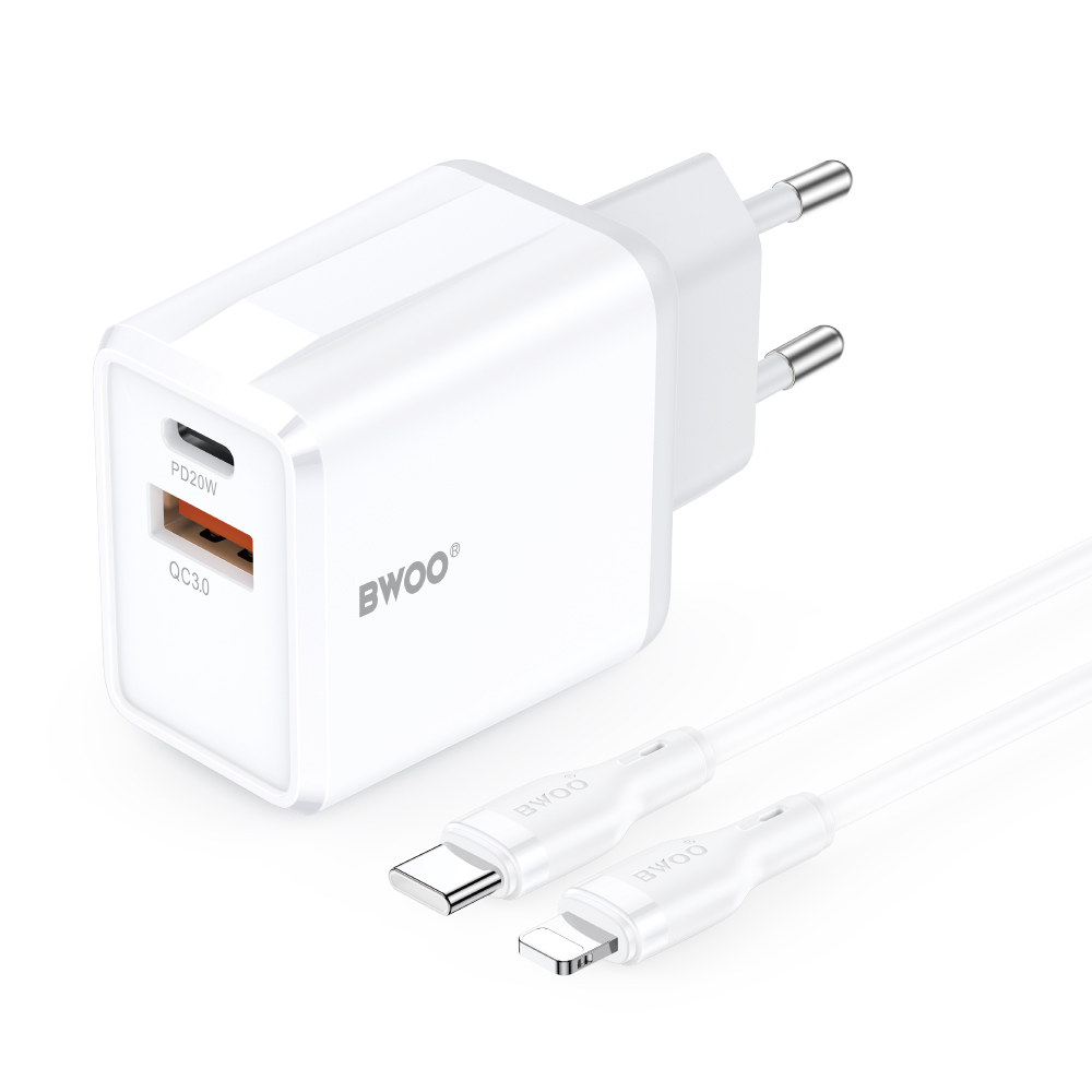 BWOO sieninis įkroviklis CDA182 QC 38W 1x USB-A + 1x USB-C su USB-C C-Lightning kabeliu 1 m juodas