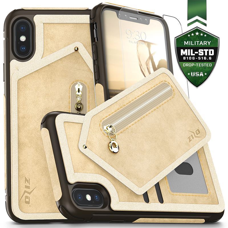 Zizo Nebula Wallet dėklas - Wallet Back and Zipper Pouch with Tempered Glass ekrano apsauga iPhone X (Tan/rudas)